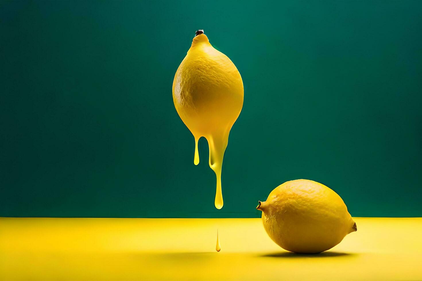 citron- frukt som droppande konst i en färgrik gul bakgrund foto