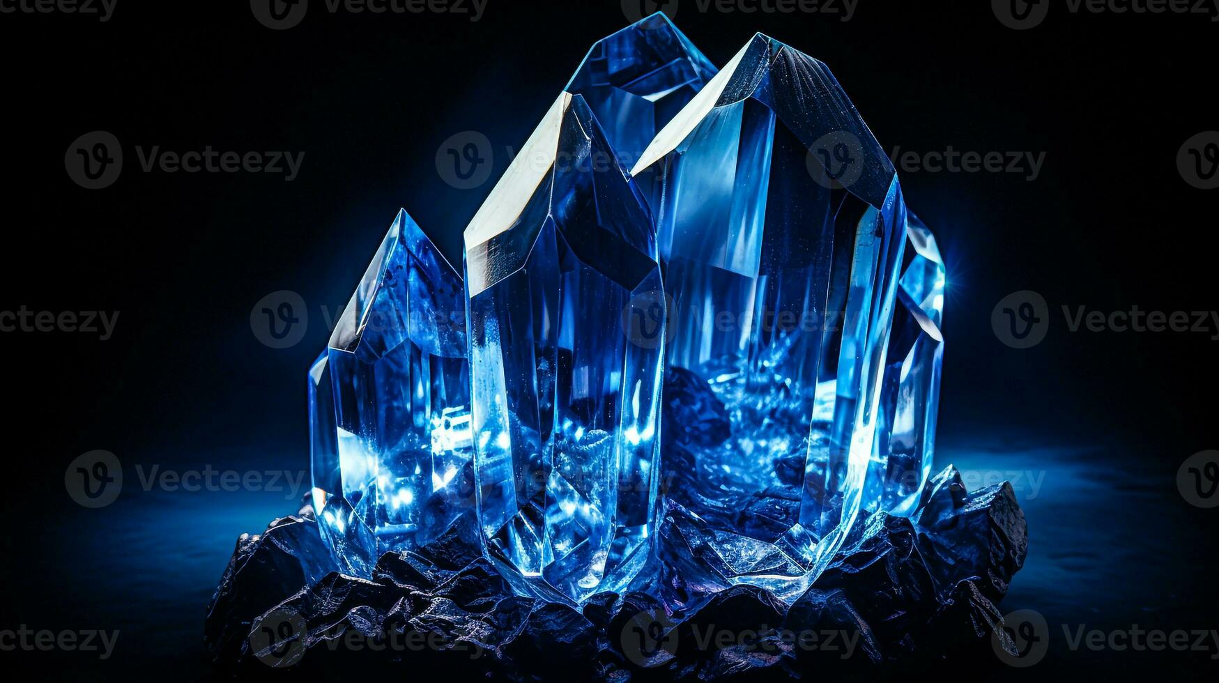 blå lysande kristall isolerat på svart bakgrund generativ ai foto