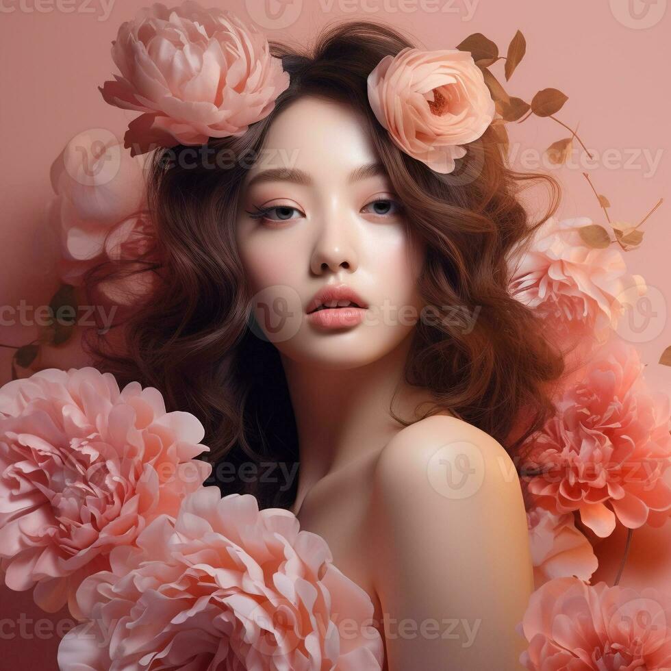 en flicka med blommor på persika Färg bakgrund generativ ai foto