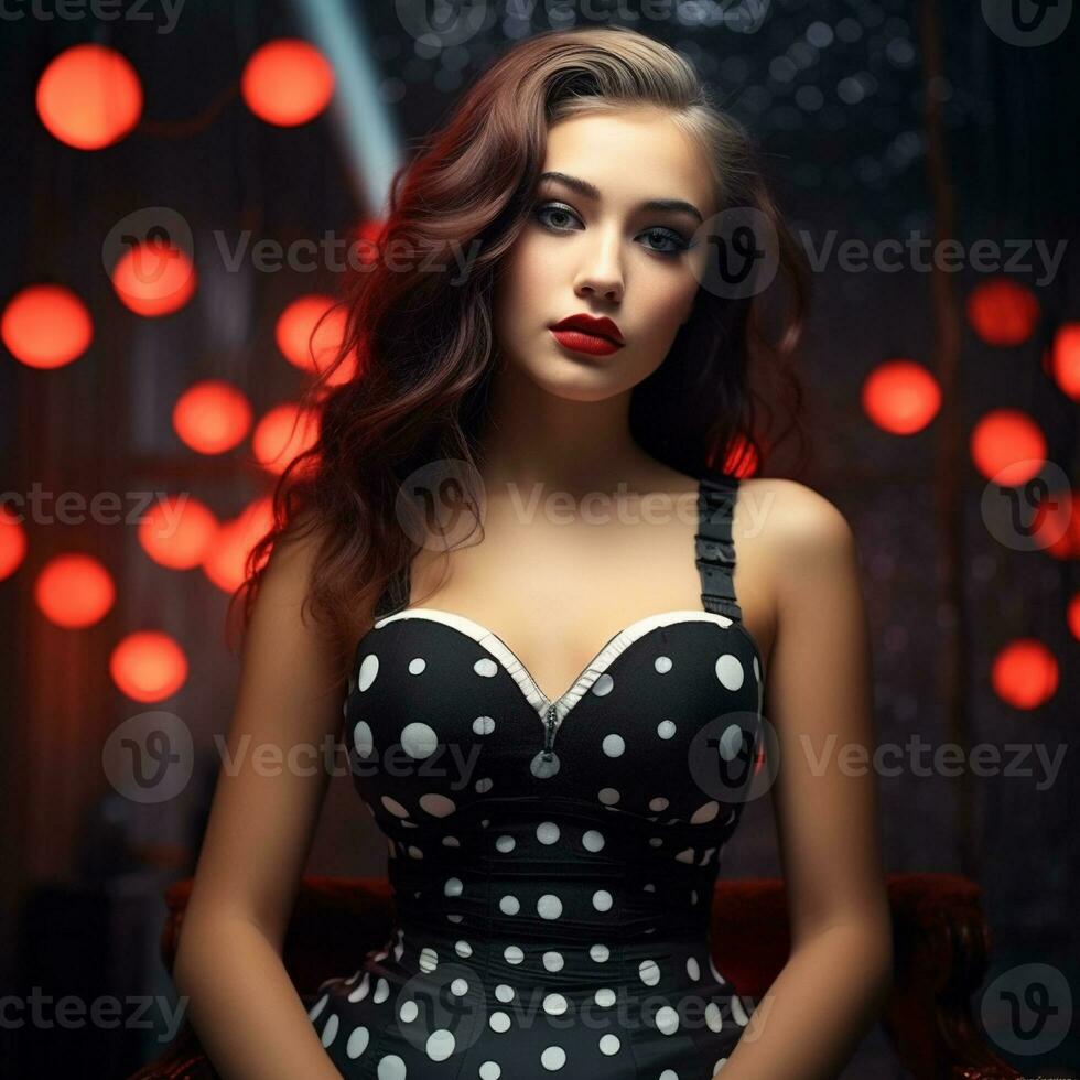 en anständig ung kvinna bär polka punkt bustier topp generativ ai foto
