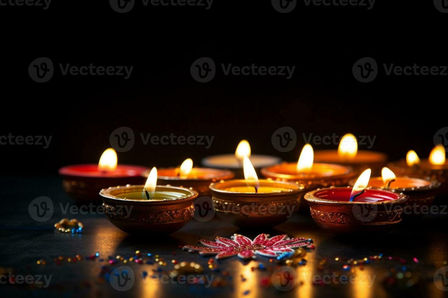 dekorativ diwali olja lampor lysande på mörk bakgrund generativ ai foto