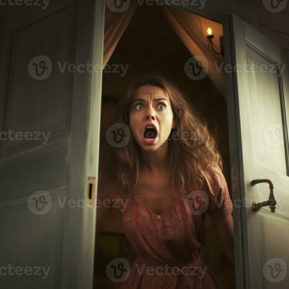 Foto av ett arg kvinna ser utanför från de dörr generativ ai