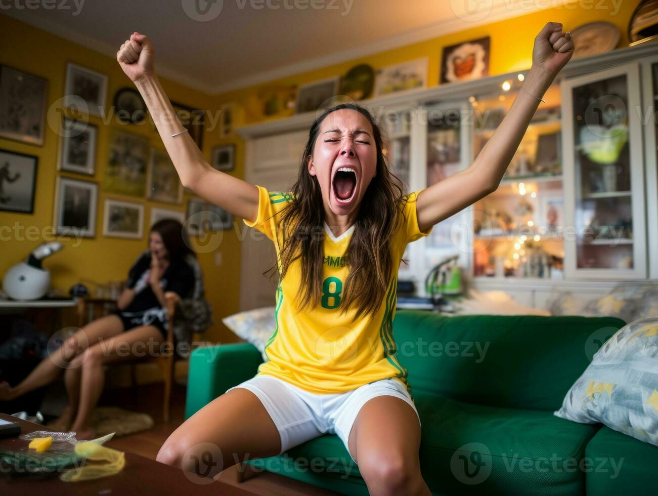 brasiliansk kvinna firar henne fotboll lag seger ai generativ foto