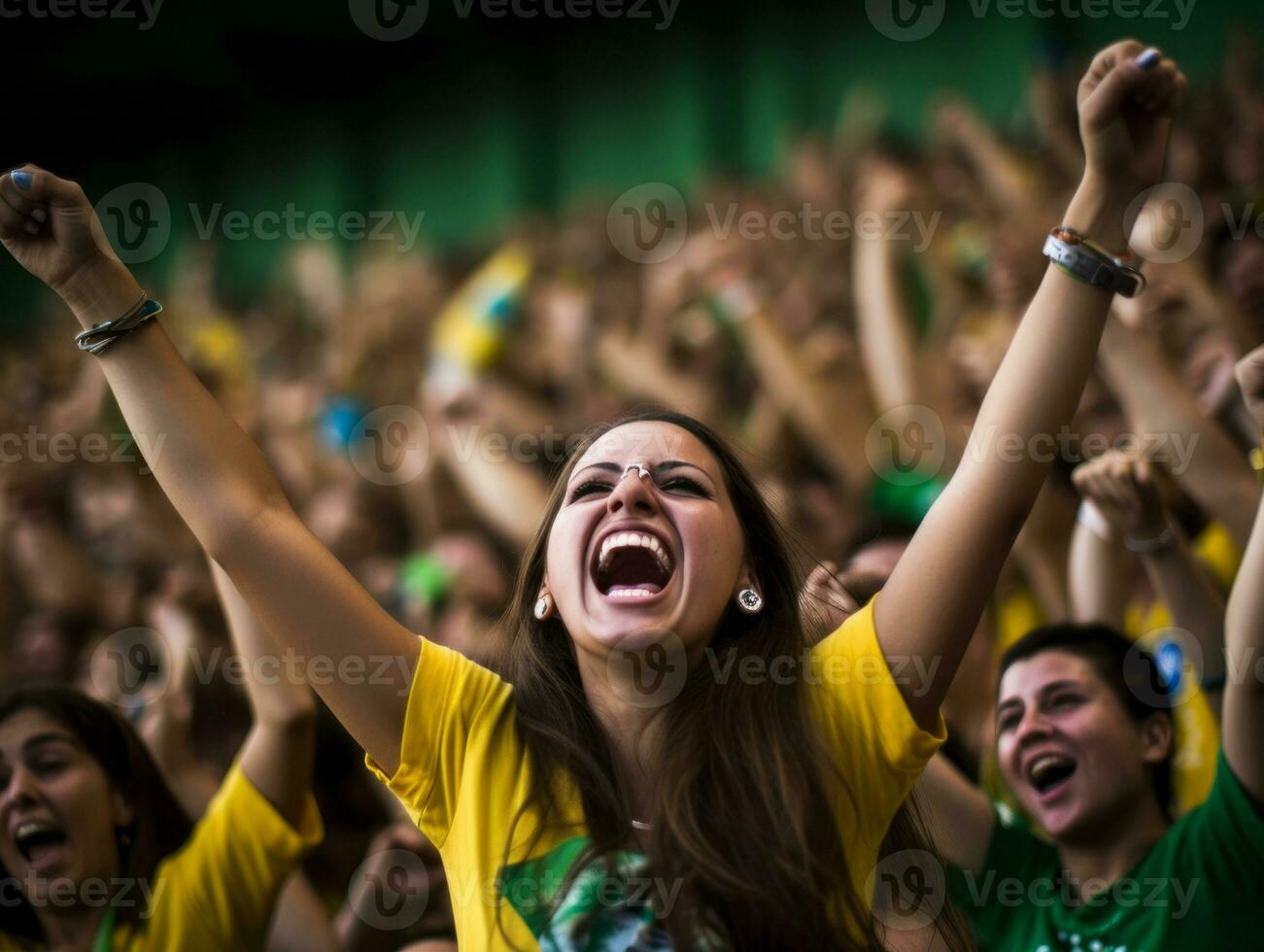 brasiliansk kvinna firar henne fotboll lag seger ai generativ foto