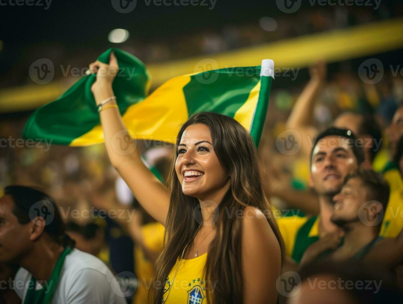 brasiliansk kvinna firar henne fotboll lag seger ai generativ foto