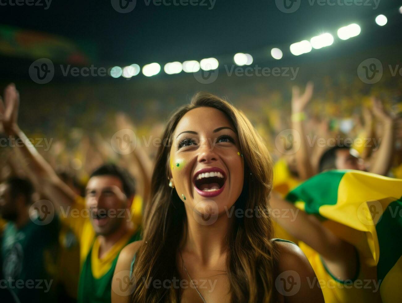 brasiliansk kvinna firar henne fotboll lag seger ai generativ foto