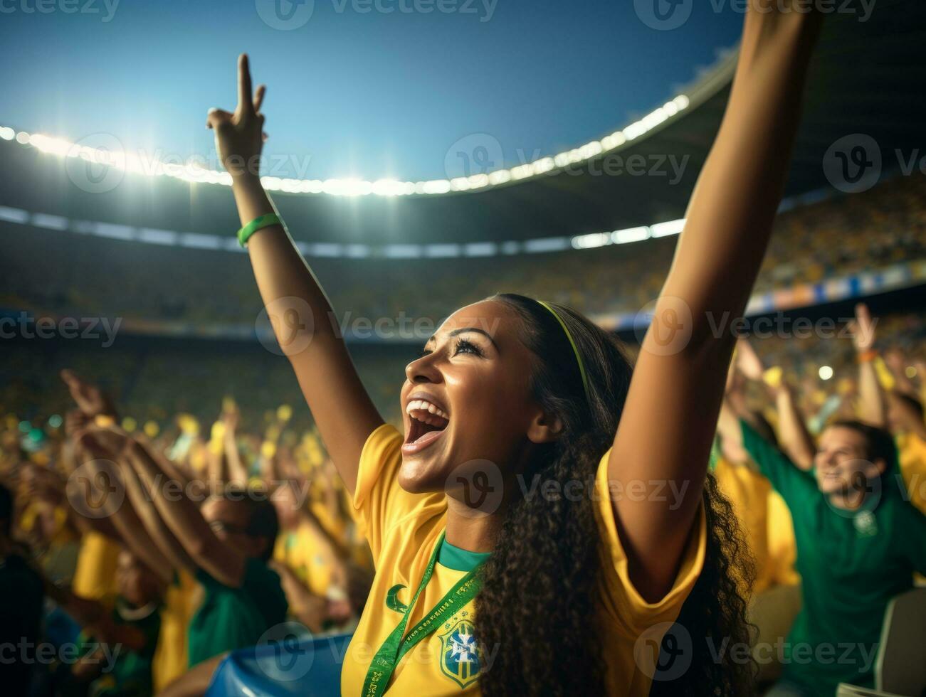 brasiliansk kvinna firar henne fotboll lag seger ai generativ foto