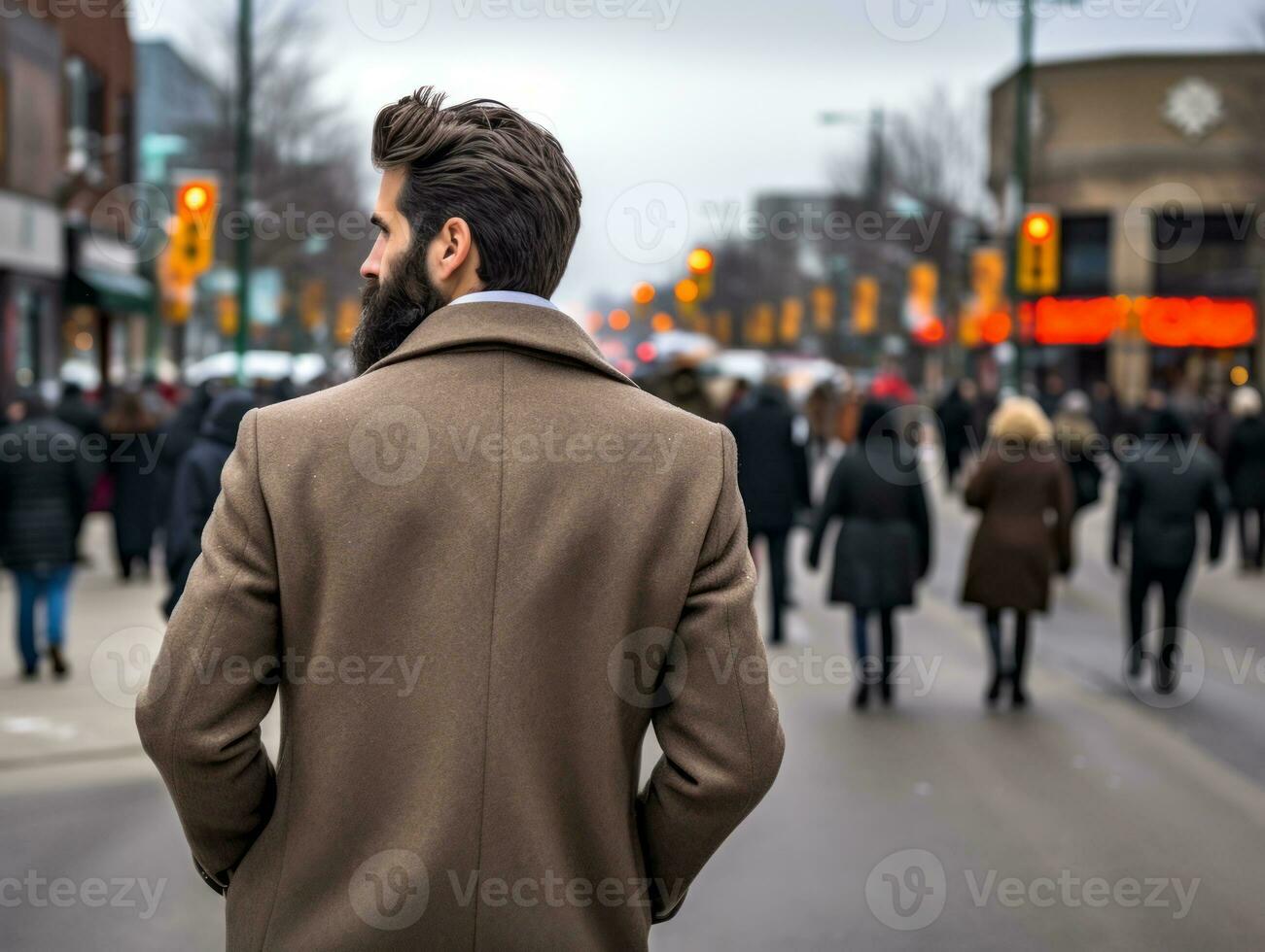 man åtnjuter en maklig promenad genom de vibrerande stad gator ai generativ foto