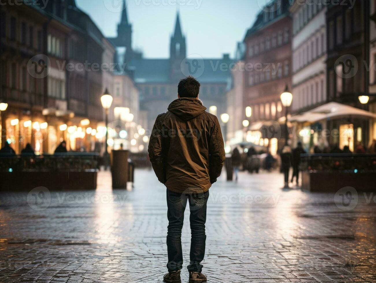 man åtnjuter en maklig promenad genom de vibrerande stad gator ai generativ foto