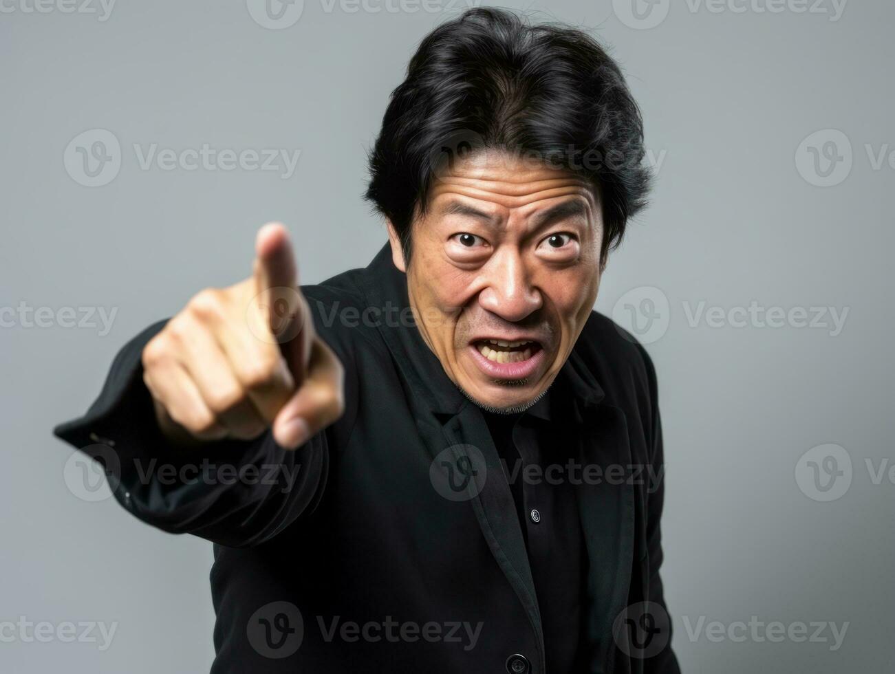 40 år gammal asiatisk man i lekfull utgör på vit bakgrund ai generativ foto