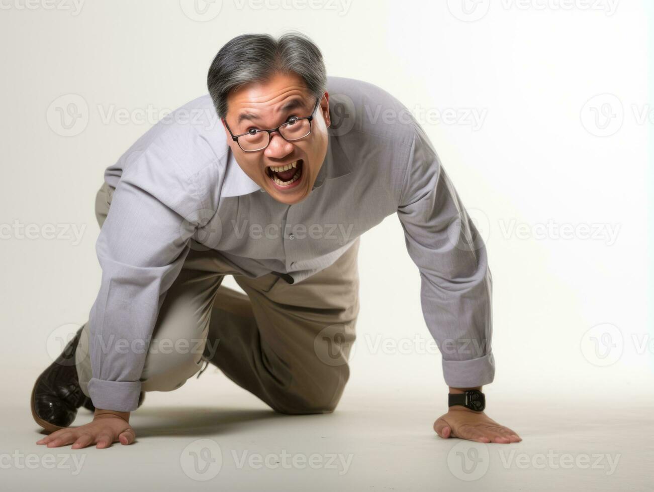40 år gammal asiatisk man i lekfull utgör på vit bakgrund ai generativ foto