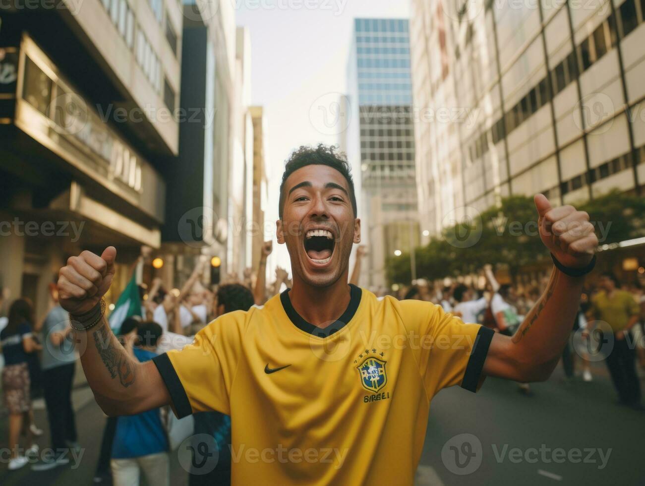 brasiliansk man firar hans fotboll lag seger ai generativ foto