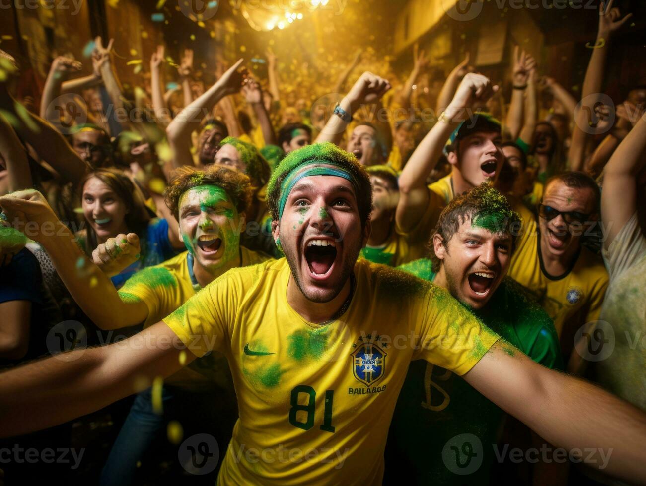 brasiliansk man firar hans fotboll lag seger ai generativ foto