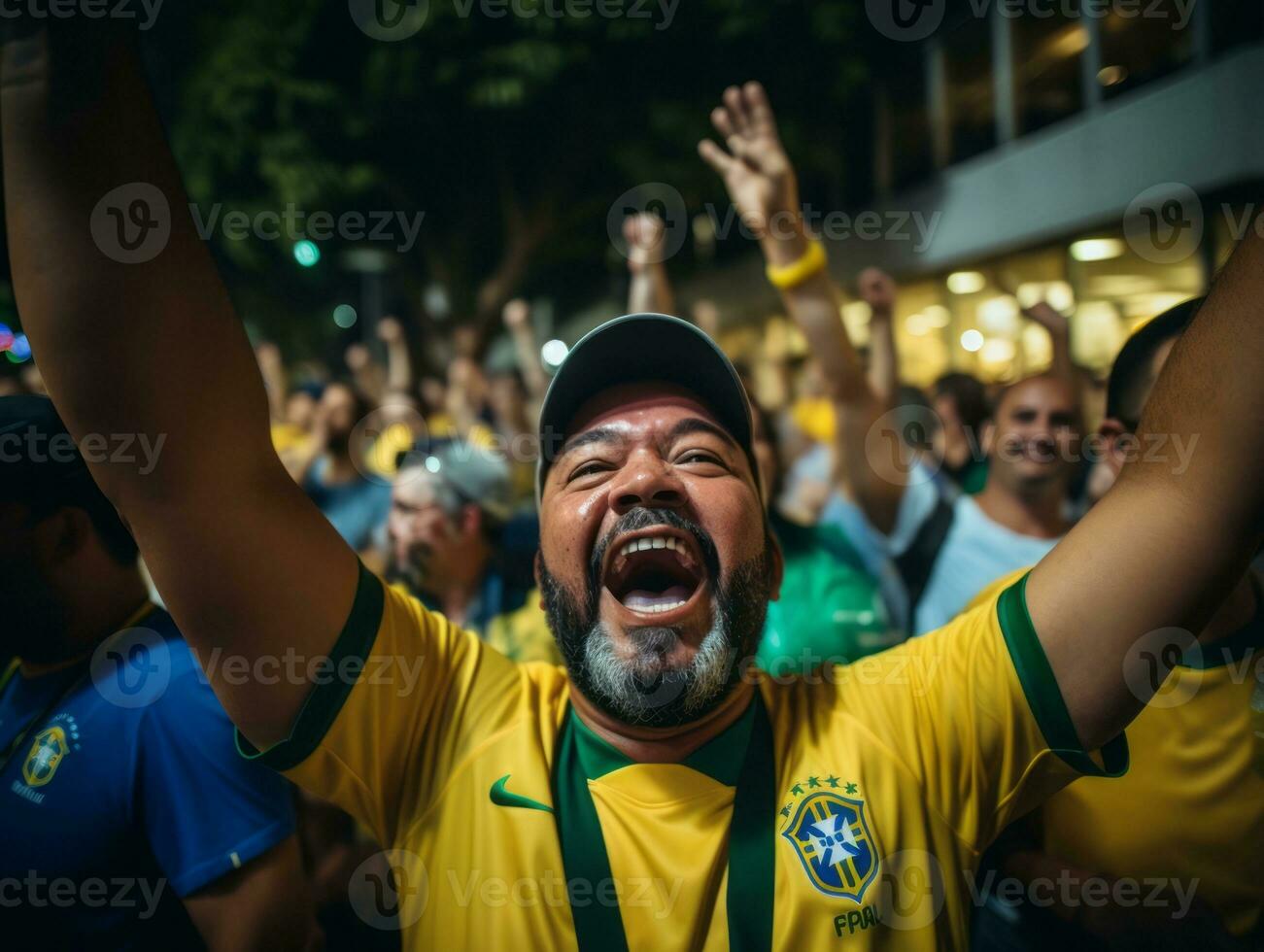 brasiliansk man firar hans fotboll lag seger ai generativ foto