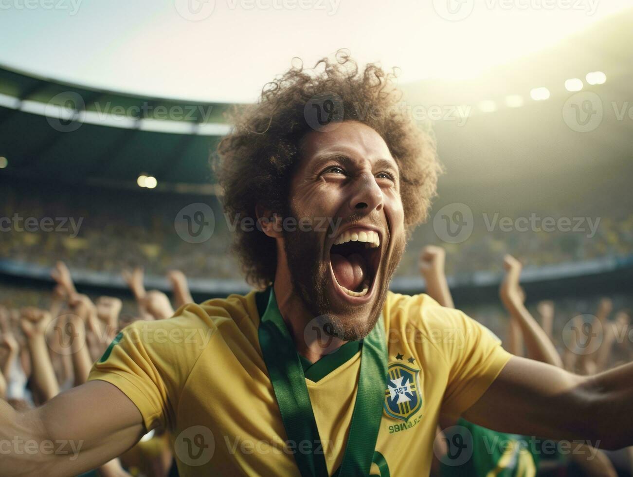 brasiliansk man firar hans fotboll lag seger ai generativ foto