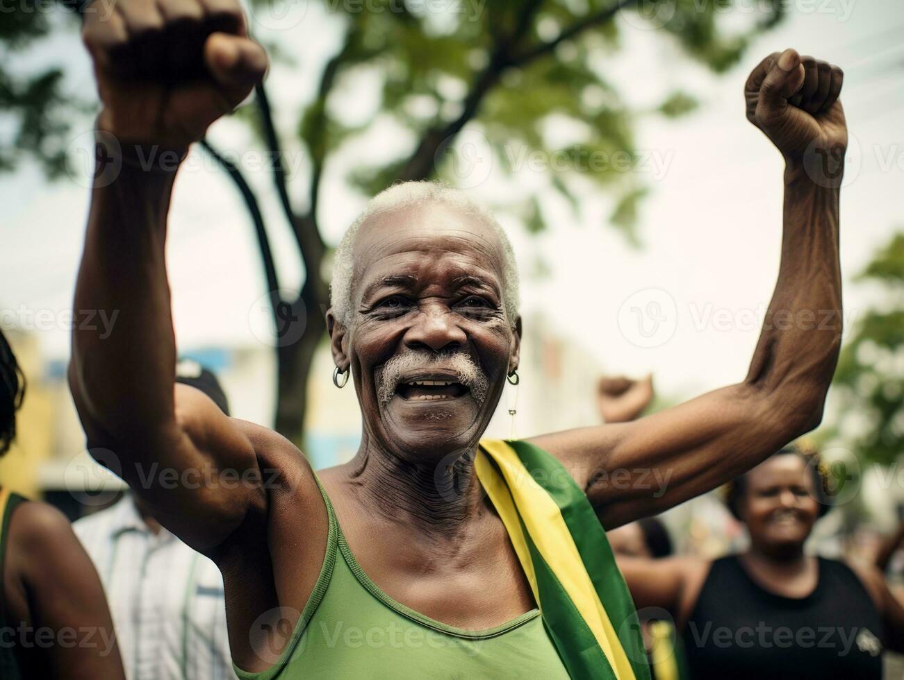 brasiliansk man firar hans fotboll lag seger ai generativ foto