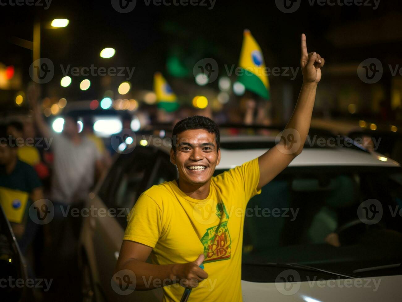 brasiliansk man firar hans fotboll lag seger ai generativ foto