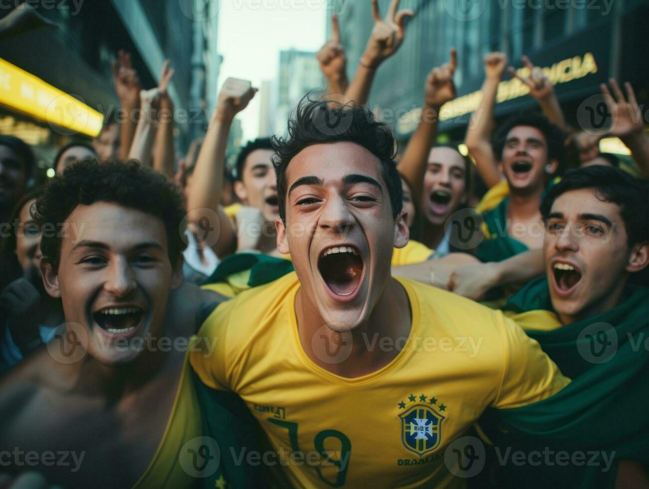 brasiliansk man firar hans fotboll lag seger ai generativ foto