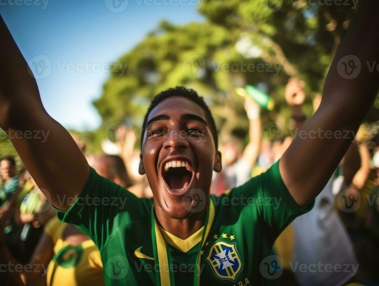 brasiliansk man firar hans fotboll lag seger ai generativ foto