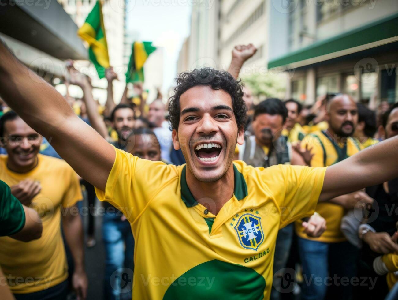 brasiliansk man firar hans fotboll lag seger ai generativ foto