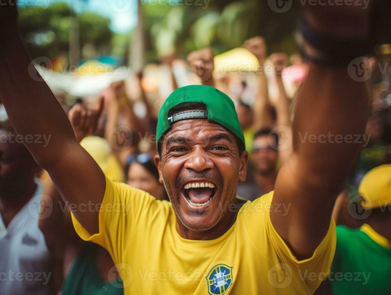 brasiliansk man firar hans fotboll lag seger ai generativ foto