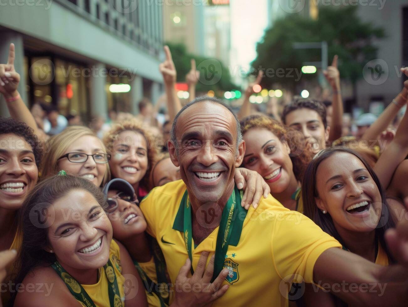 brasiliansk man firar hans fotboll lag seger ai generativ foto