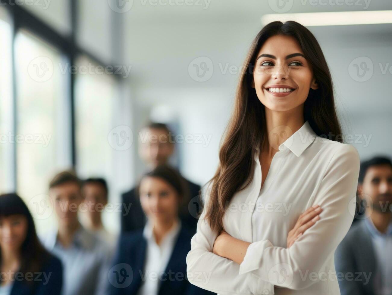 kvinna i en företag möte ledande med förtroende ai generativ foto