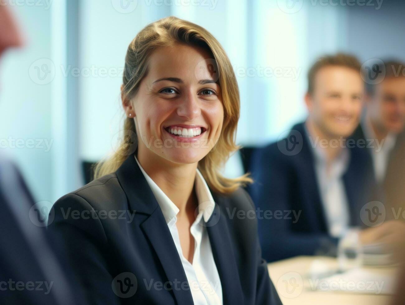 kvinna i en företag möte ledande med förtroende ai generativ foto