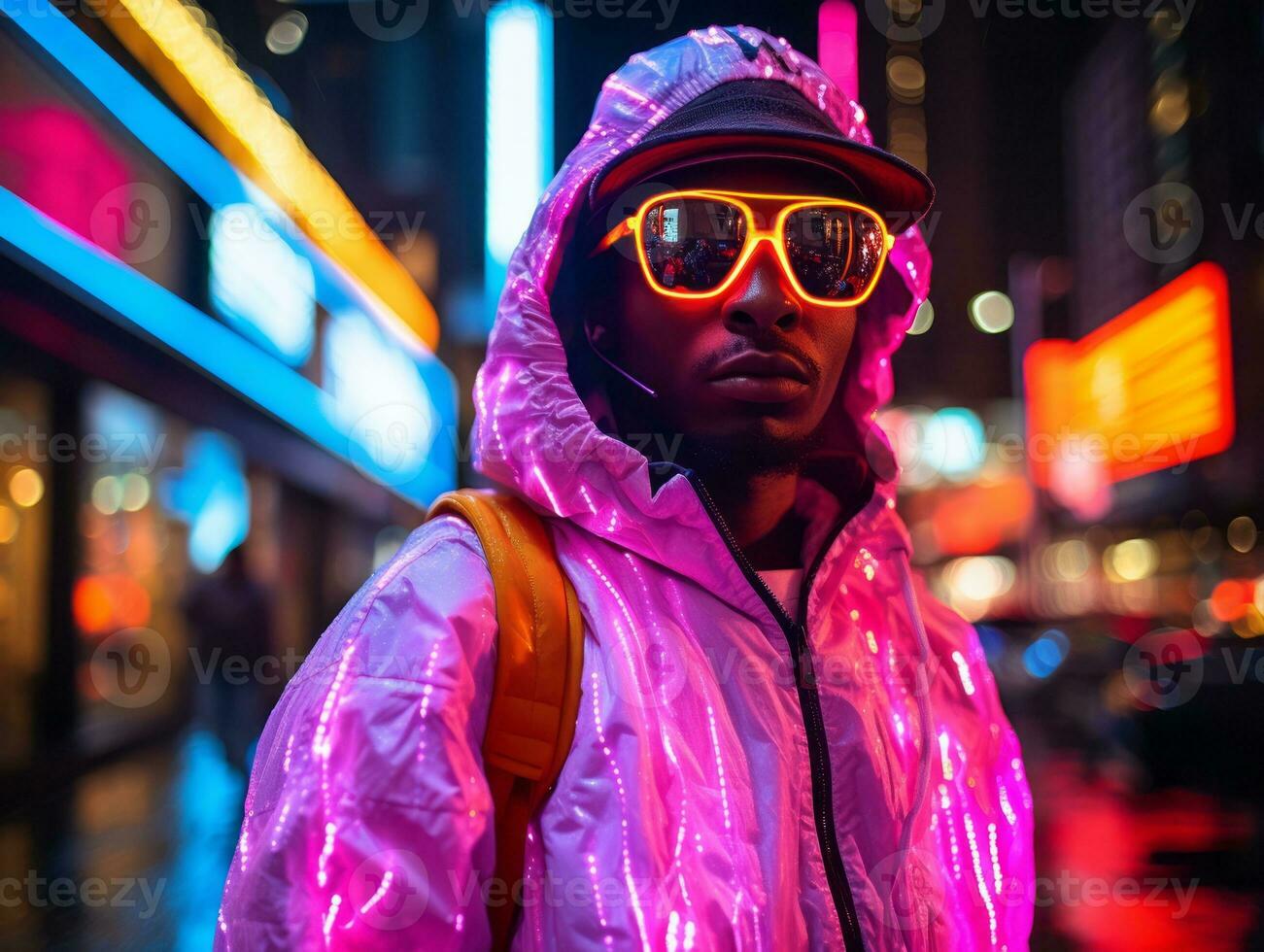 man i framtida bevis kläder åtnjuter en maklig promenad genom en neon belyst stad gator ai generativ foto