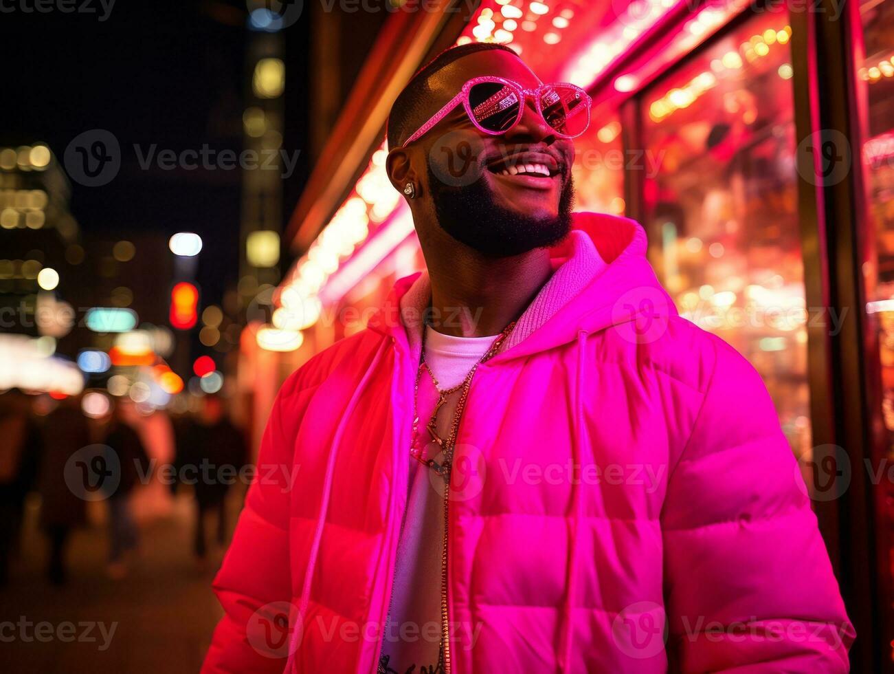 man i framtida bevis kläder åtnjuter en maklig promenad genom en neon belyst stad gator ai generativ foto