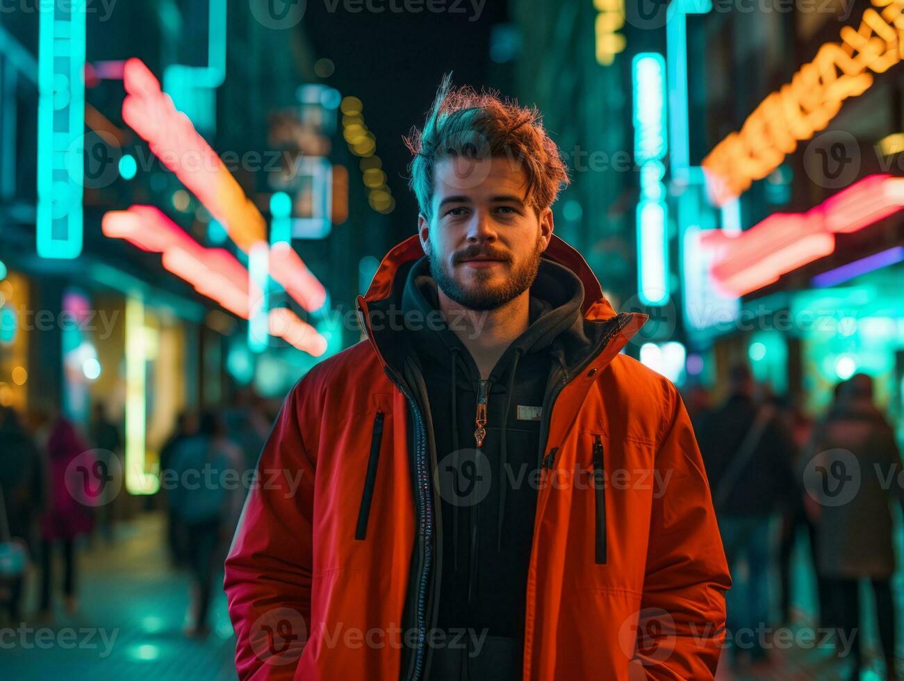 man i framtida bevis kläder åtnjuter en maklig promenad genom en neon belyst stad gator ai generativ foto