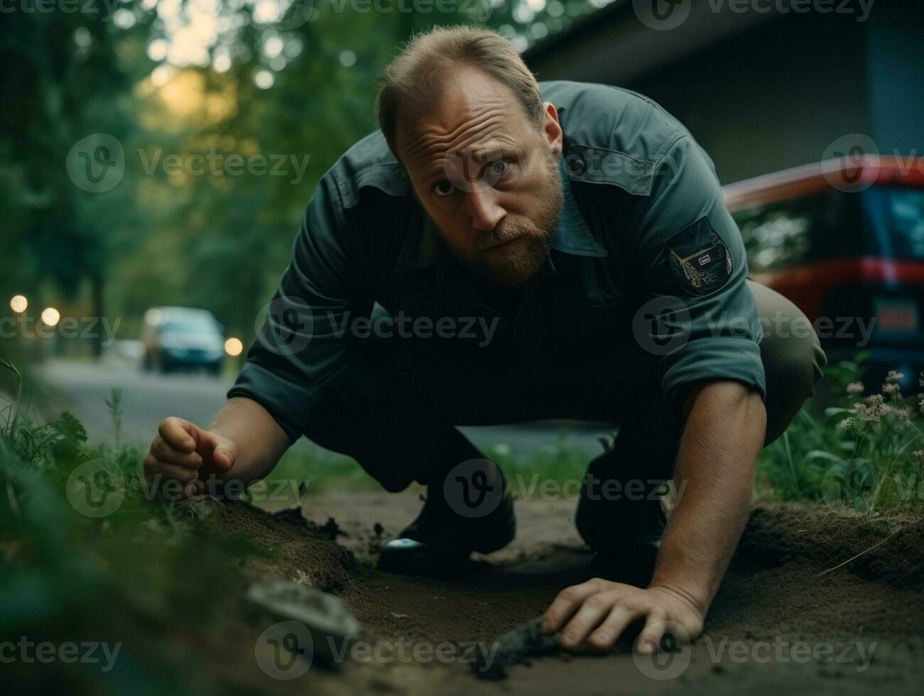 polis är noggrant granskning de scen för bevis under hans undersökning ai generativ foto