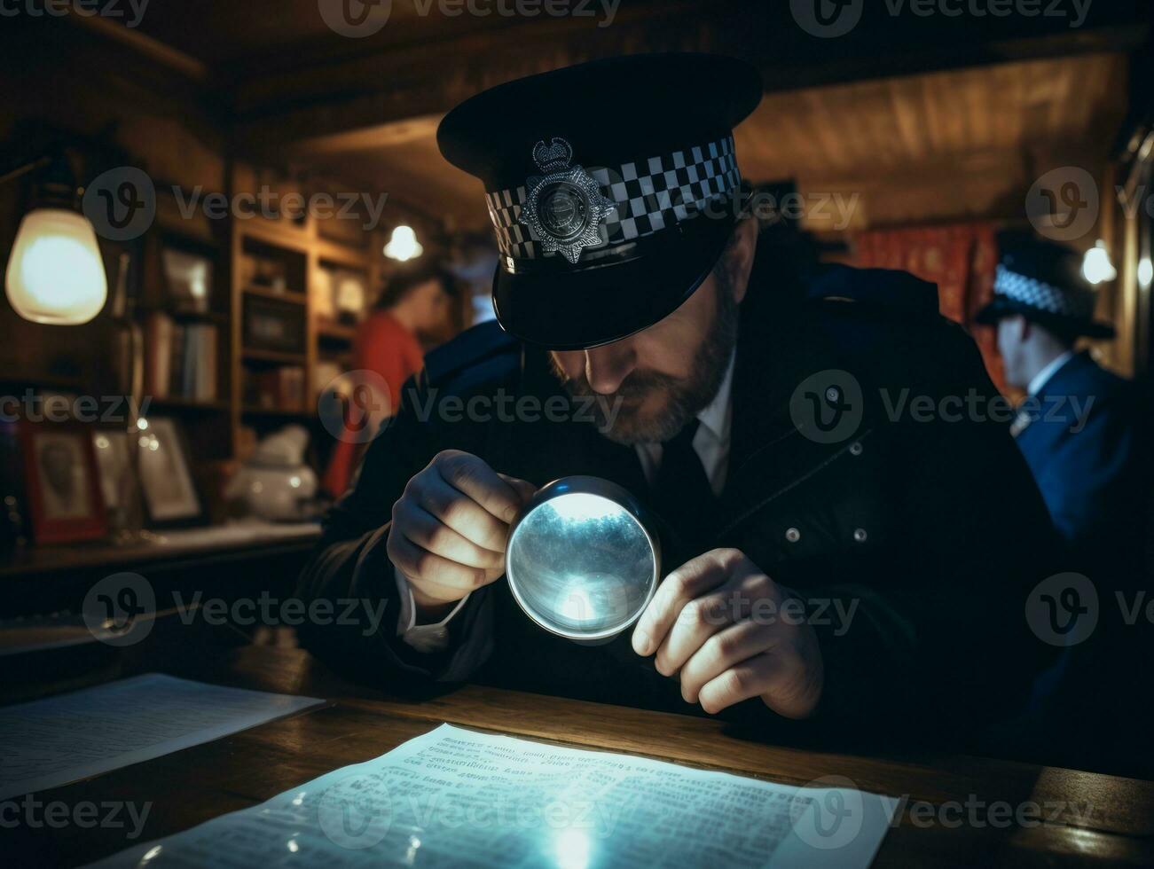 polis är noggrant granskning de scen för bevis under hans undersökning ai generativ foto