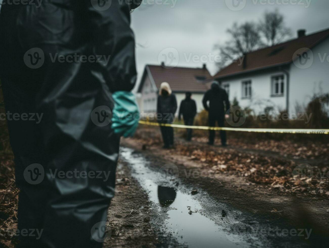 polis är noggrant granskning de scen för bevis under hans undersökning ai generativ foto