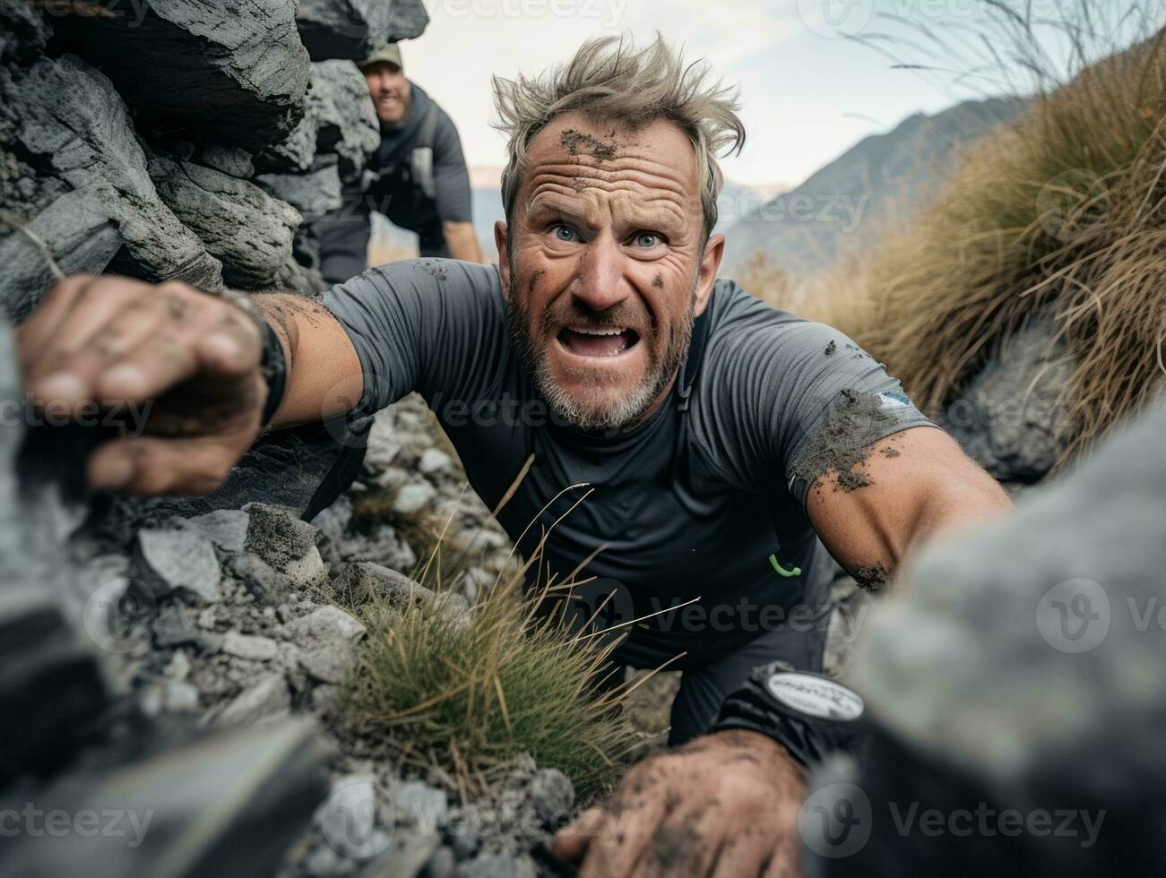 fast besluten man klättrar en brant berg spår ai generativ foto