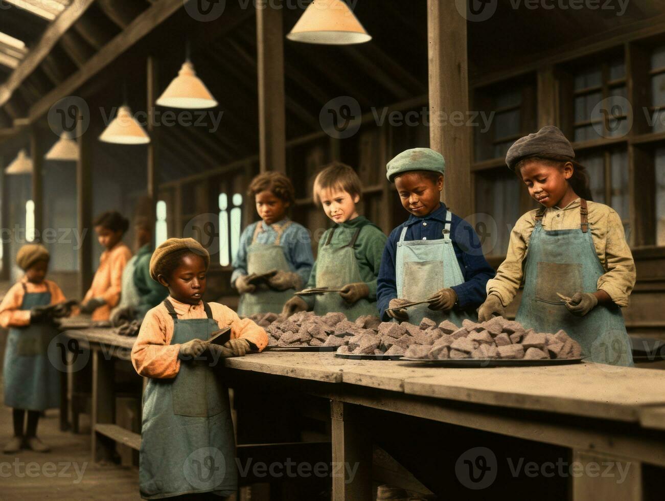 historisk färgad Foto av en barn dagligen arbete i de 1900 -talet ai generativ