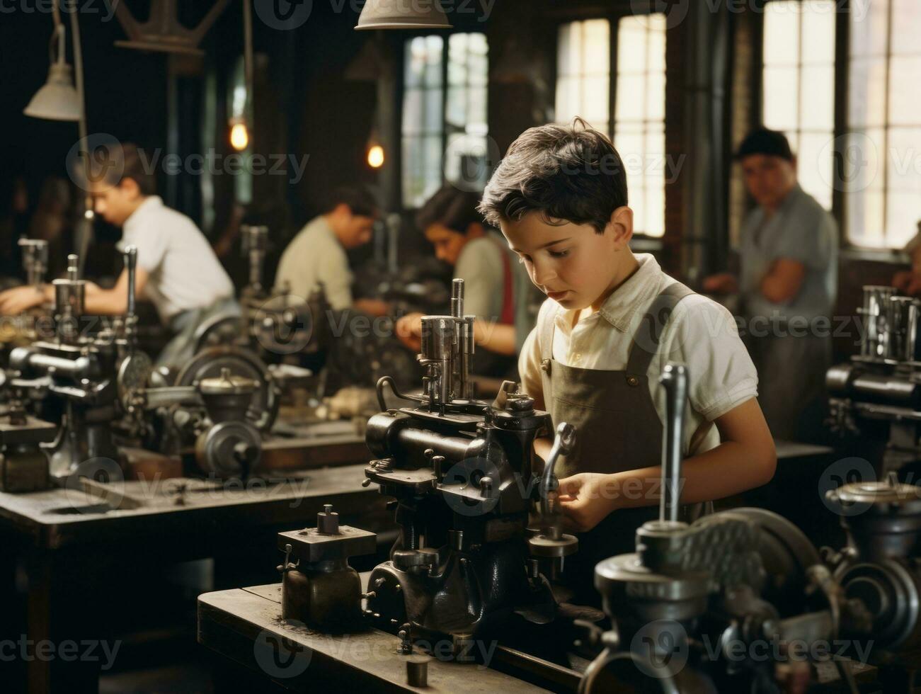 historisk färgad Foto av en barn dagligen arbete i de 1900 -talet ai generativ