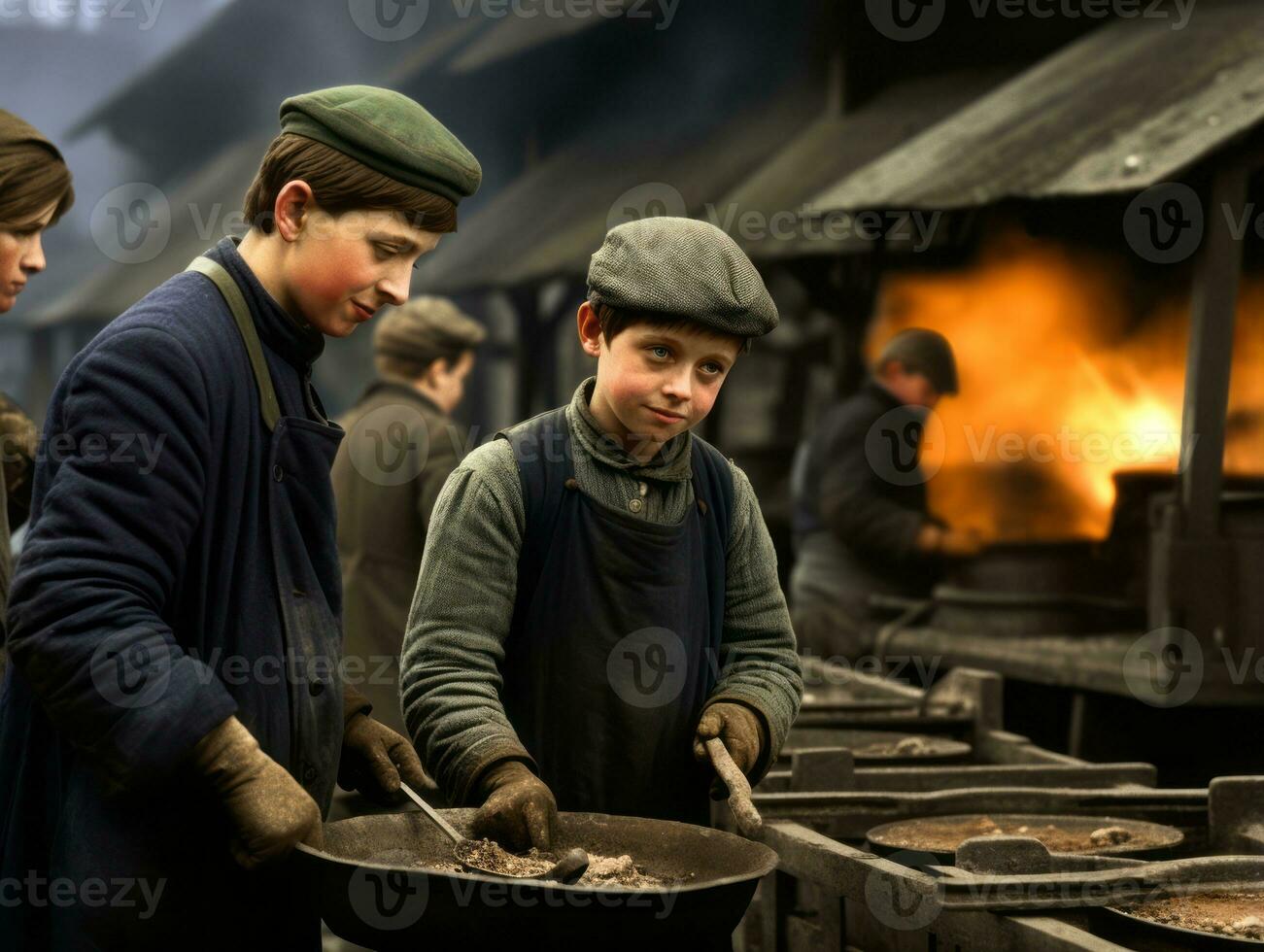 historisk färgad Foto av en barn dagligen arbete i de 1900 -talet ai generativ