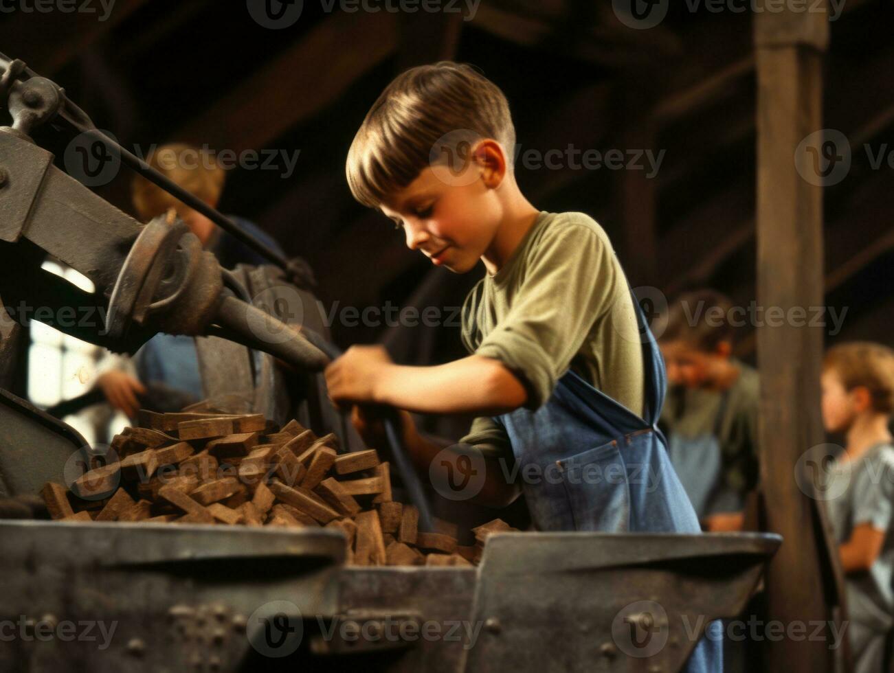 historisk färgad Foto av en barn dagligen arbete i de 1900 -talet ai generativ