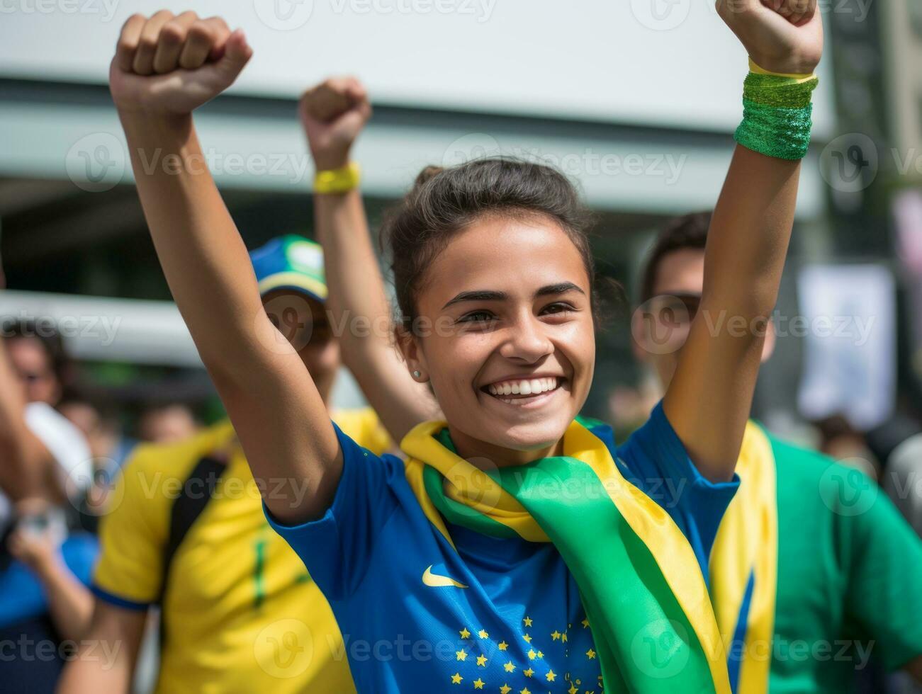 brasiliansk kvinna firar hans fotboll lag seger ai generativ foto