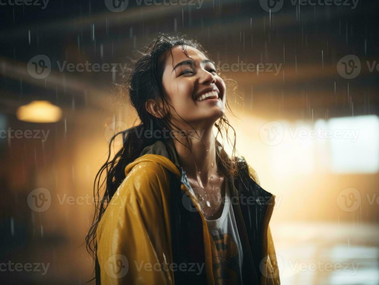 sorglös kvinna glatt danser i de uppfriskande regn ai generativ foto