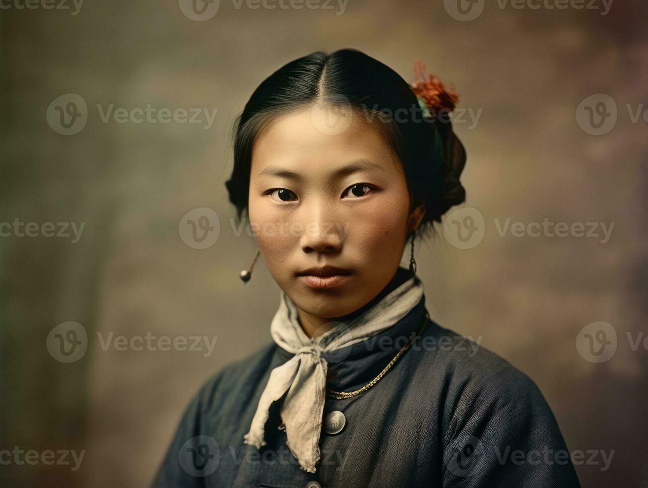 ett gammal färgad fotografera av en asiatisk kvinna från de tidigt 1900 -talet ai generativ foto