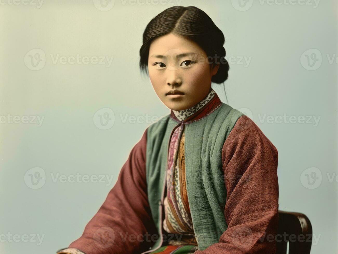 ett gammal färgad fotografera av en asiatisk kvinna från de tidigt 1900 -talet ai generativ foto