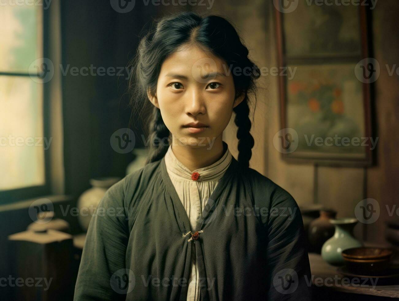 ett gammal färgad fotografera av en asiatisk kvinna från de tidigt 1900 -talet ai generativ foto