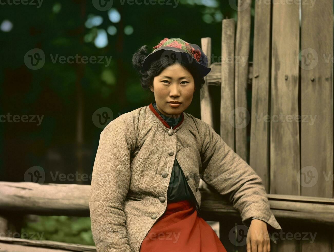 ett gammal färgad fotografera av en asiatisk kvinna från de tidigt 1900 -talet ai generativ foto