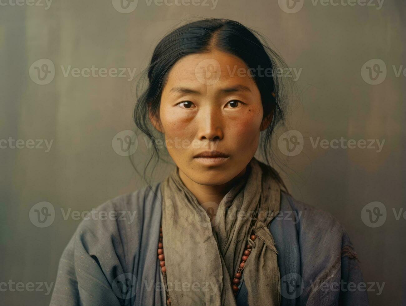 ett gammal färgad fotografera av en asiatisk kvinna från de tidigt 1900 -talet ai generativ foto