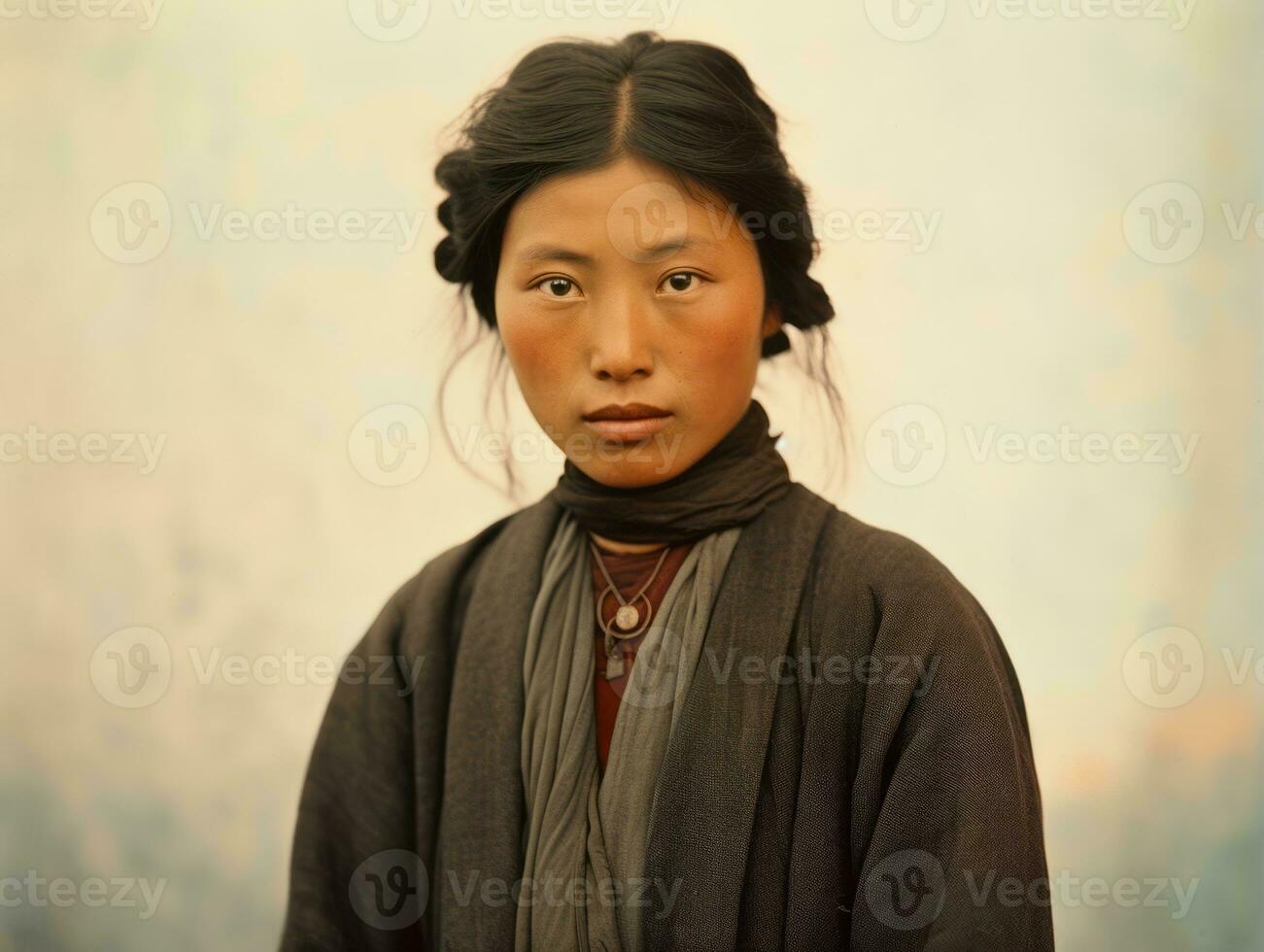 ett gammal färgad fotografera av en asiatisk kvinna från de tidigt 1900 -talet ai generativ foto