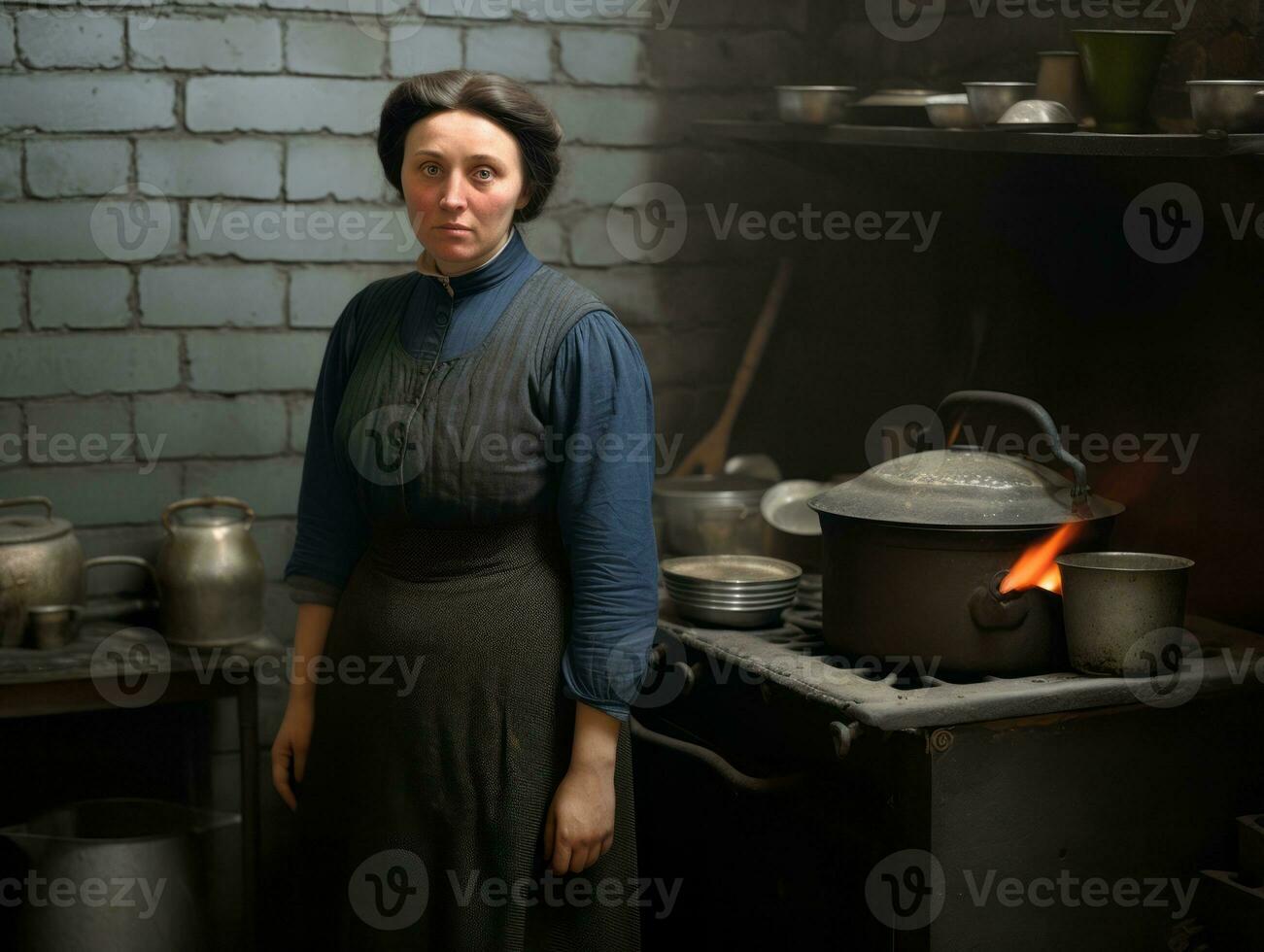 historisk färgad Foto av en kvinnors dagligen arbete i de över ai generativ