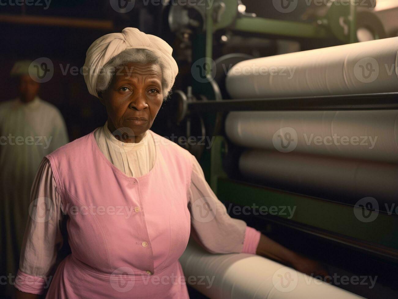 historisk färgad Foto av en kvinnors dagligen arbete i de över ai generativ