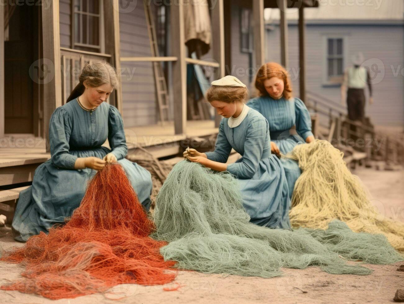 historisk färgad Foto av en kvinnors dagligen arbete i de över ai generativ
